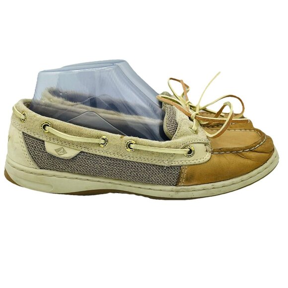 Sperry Top Sider Shoes Womens Size 8 M Tan Boat Shoe Slip On Brown Leather Lace - Picture 1 of 12